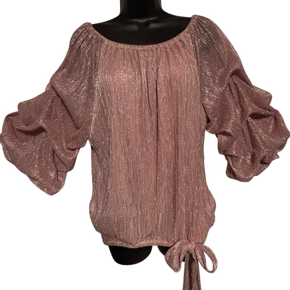 CeCe Pink Metallic Plissé Off-The-Shoulder Blouse Bubble Sleeve Tie Hem Sz LG